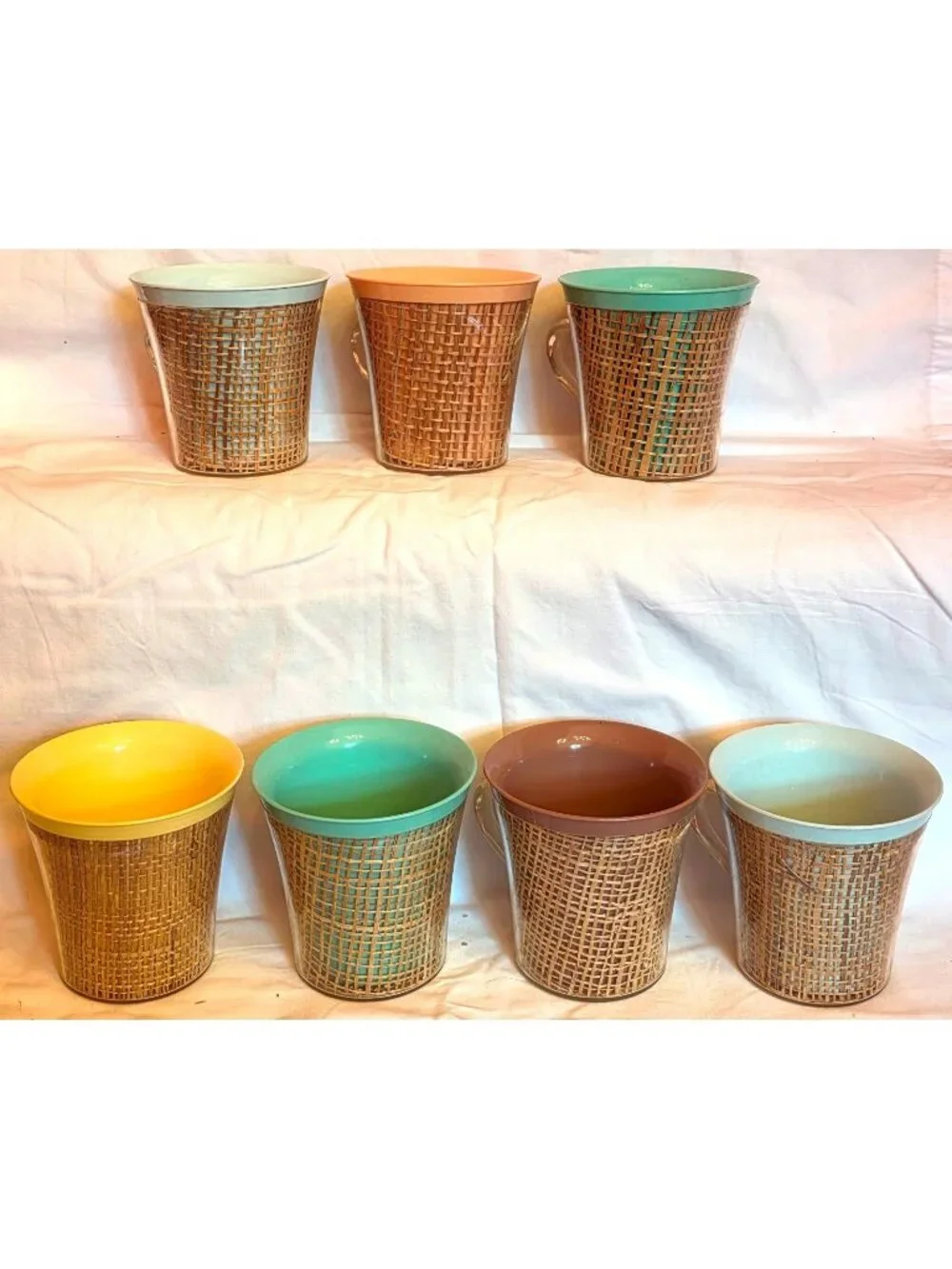 Raffia Ware 7 flared Coffee Cups burlap woven straw pastel mugs Vintage MCM tiki